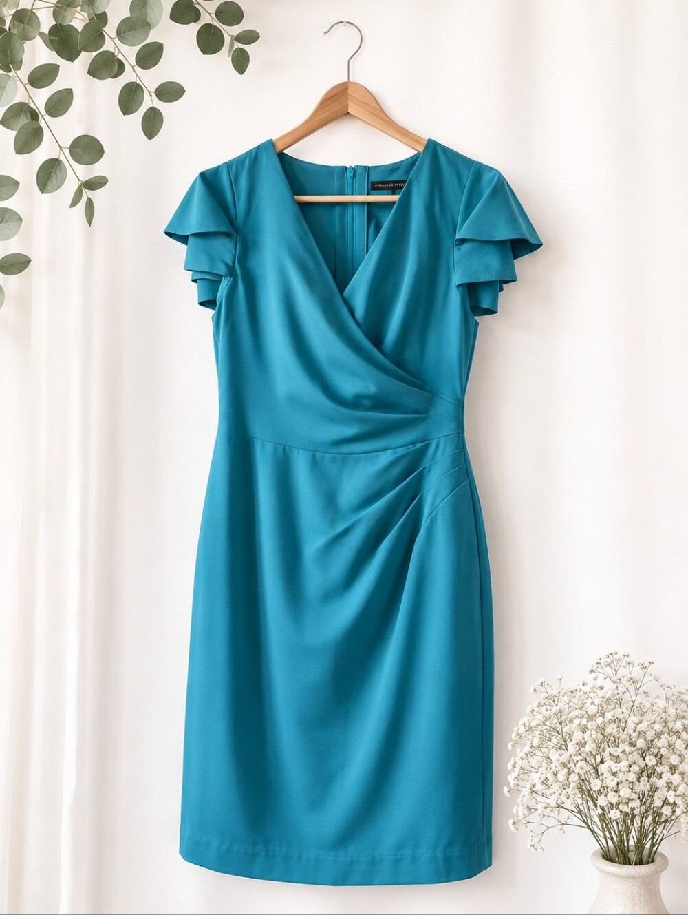 Adrianna Papell Turquoise V-Neck Midi Dress with Flutter Sleeves